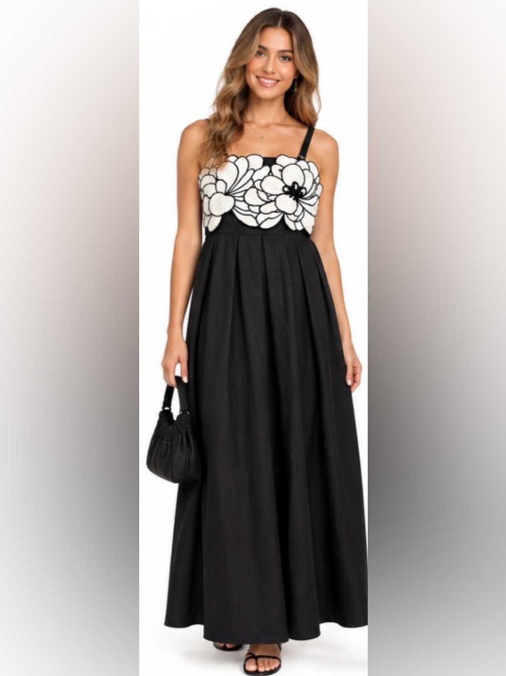 COMMENSE Black White Floral Appliqué Maxi Dress S NWT Cotton